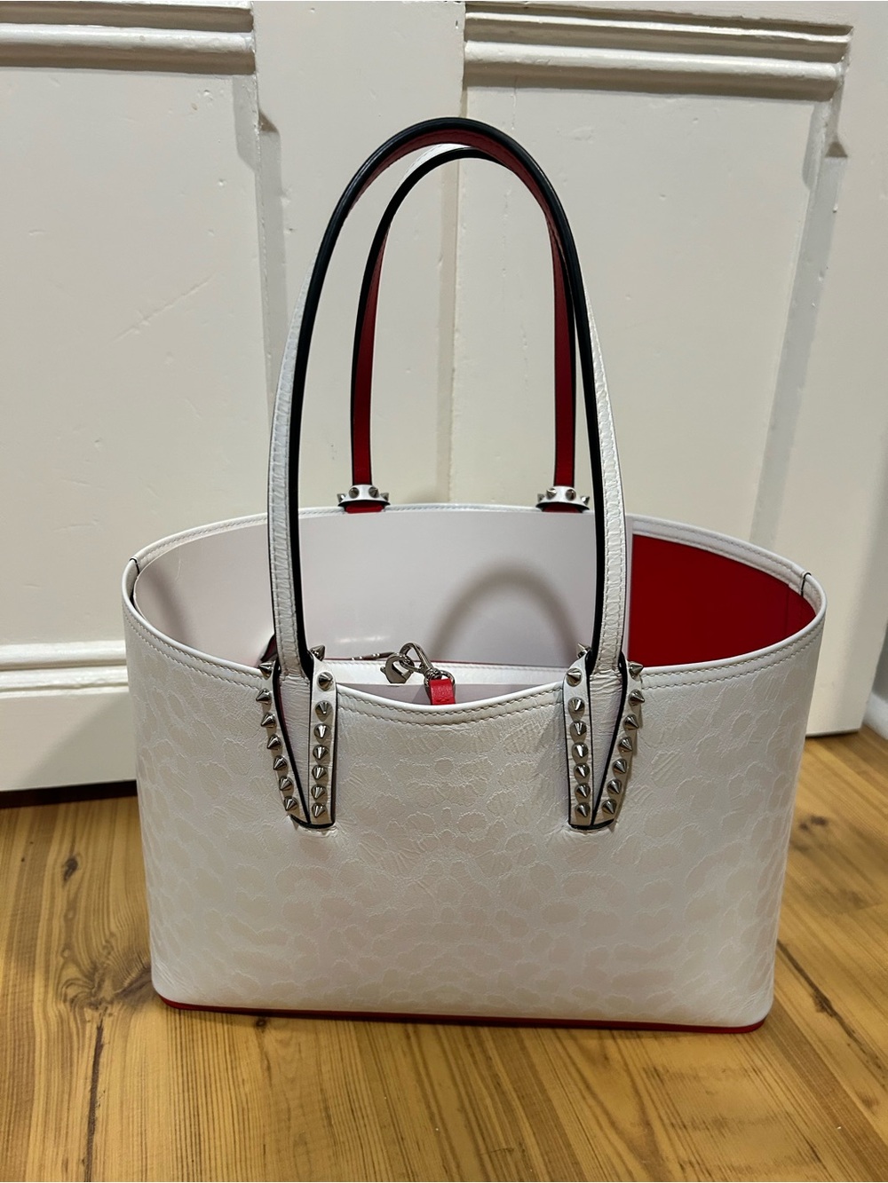 Christian Louboutin White and Red Stud-Accent calfskin leather Tote Bag